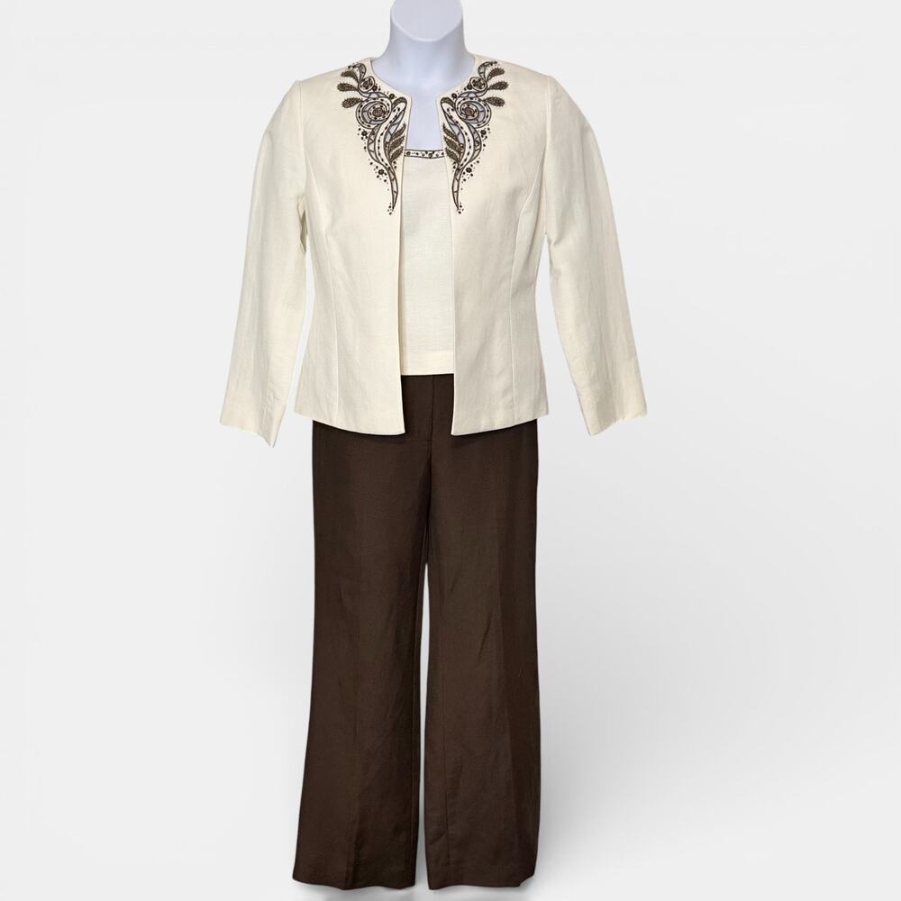 Vintage Tahari ASL Linen 3 Piece Suit Ivory Beaded Jacket Top Brown Pants Sz 6P